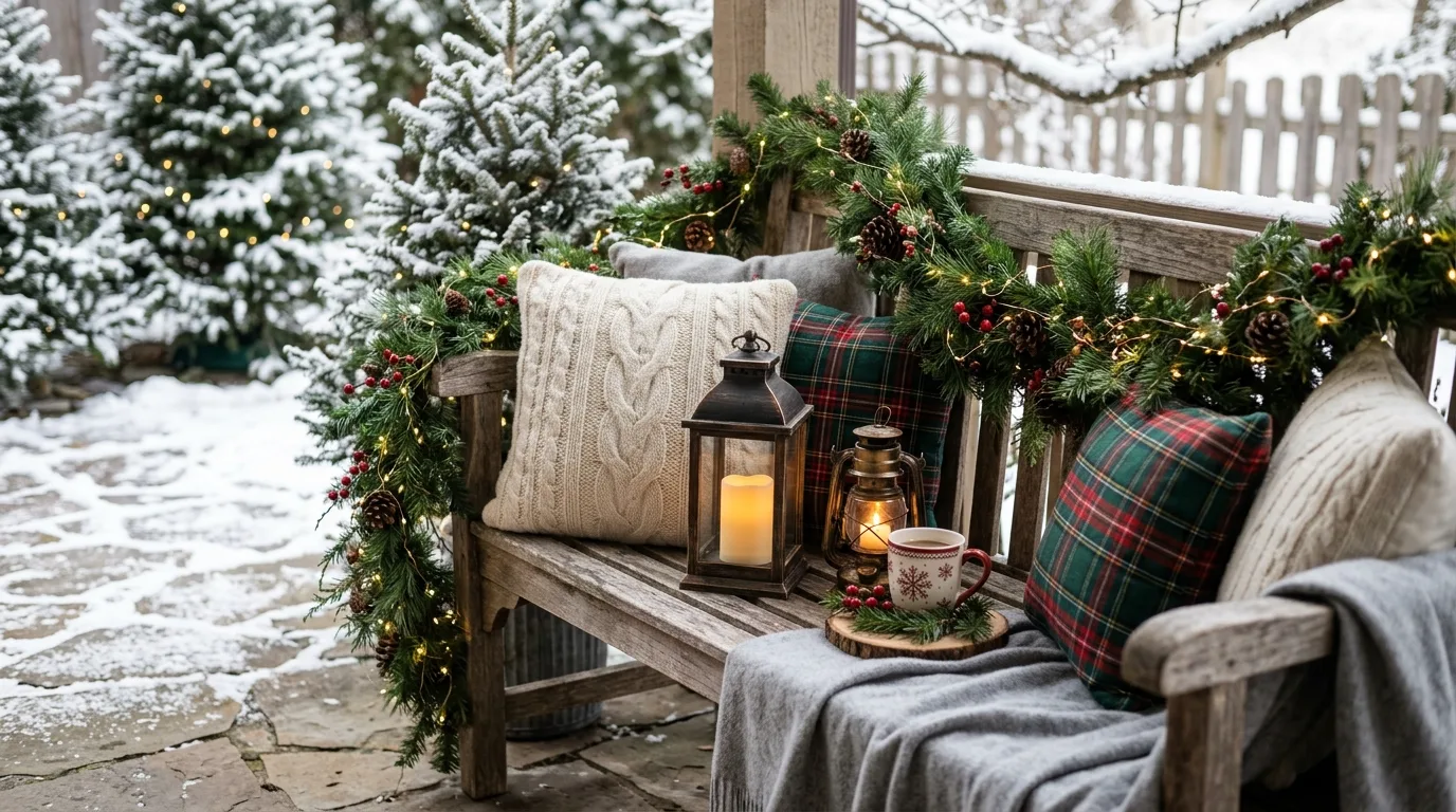 Use wood and woven textures to deepen the outdoor comfort inspiration for an outdoor winter patio.